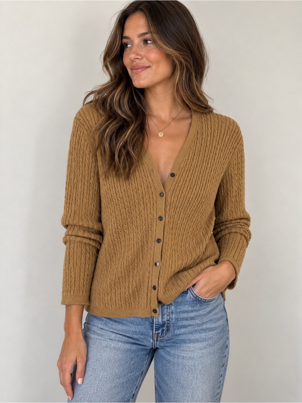 Lauren Ralph Lauren Petite Cable Knit Cotton Cardigan P/L Camel Brown